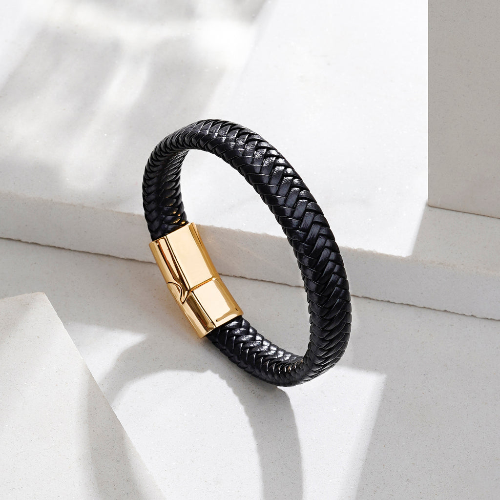 Mens Black Leather Bracelet Gold Clasp by Cudworth Jewellery | Minor Detail