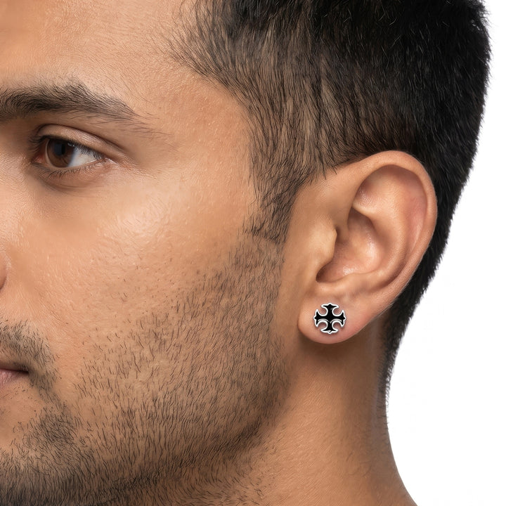 Cyberspace Silver & Black Men's Earring Set