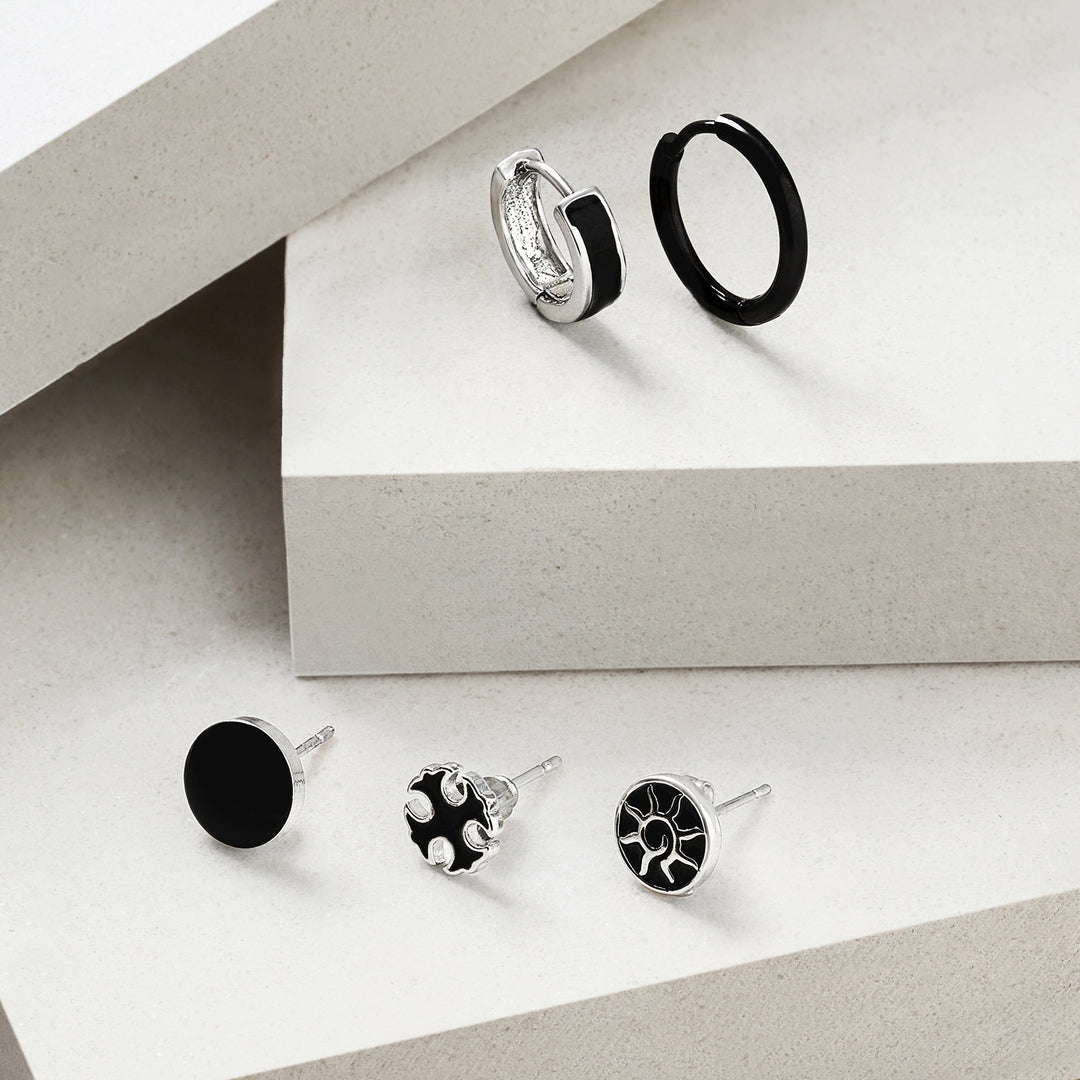 Cyberspace Silver & Black Men's Earring Set