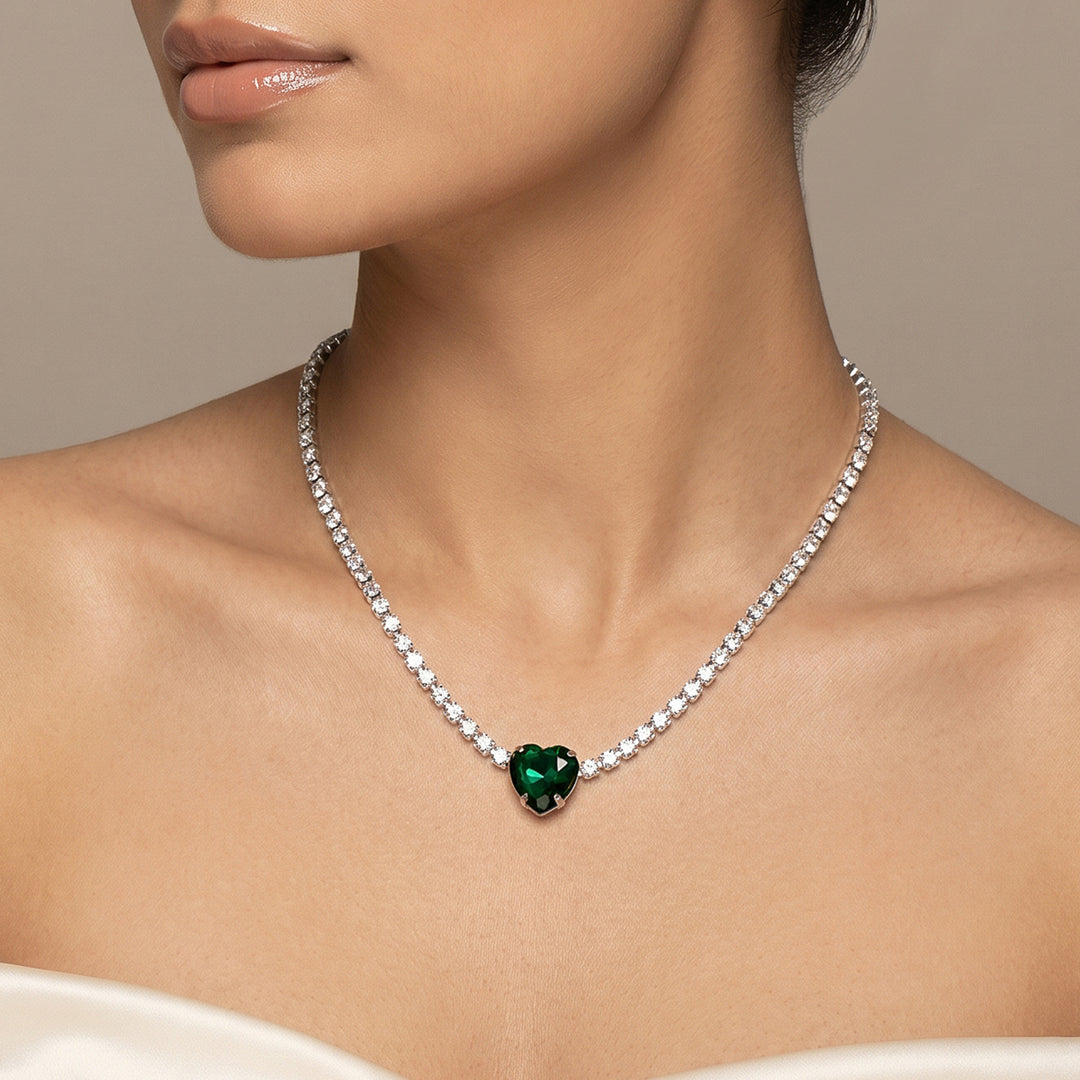 Heartlet Green stone Silver Necklace