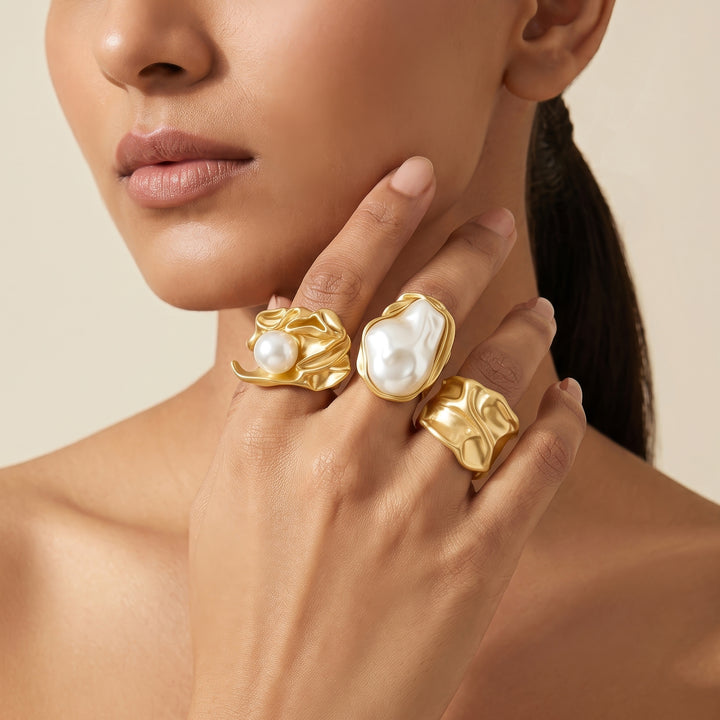 Nameru Molten Pearl Set of 3 Gold Rings