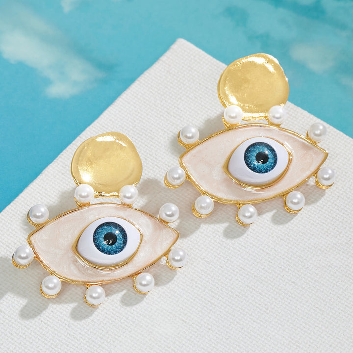 Nazaa Evil Eye White and Gold Earrings