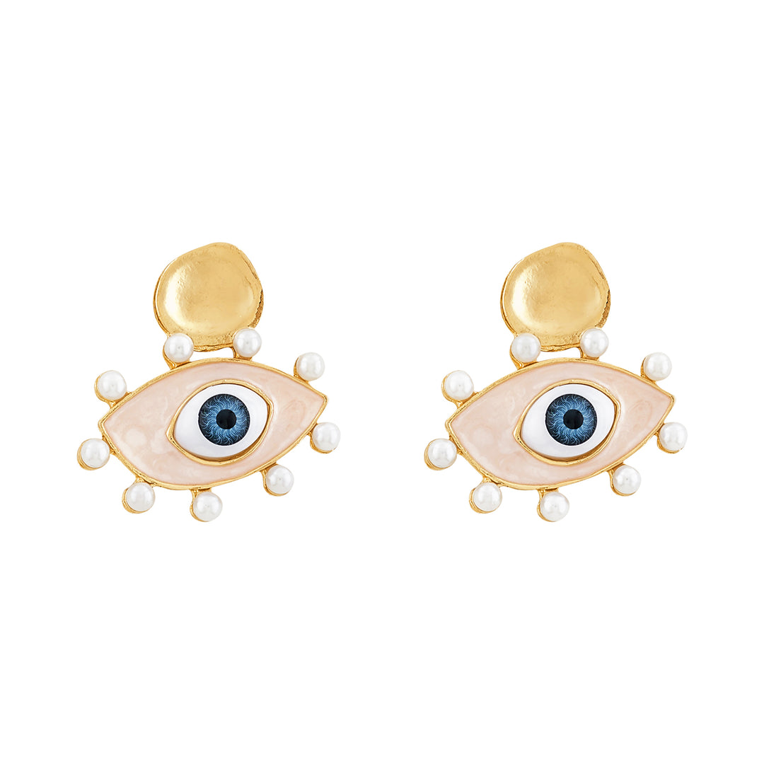 Nazaa Evil Eye White and Gold Earrings