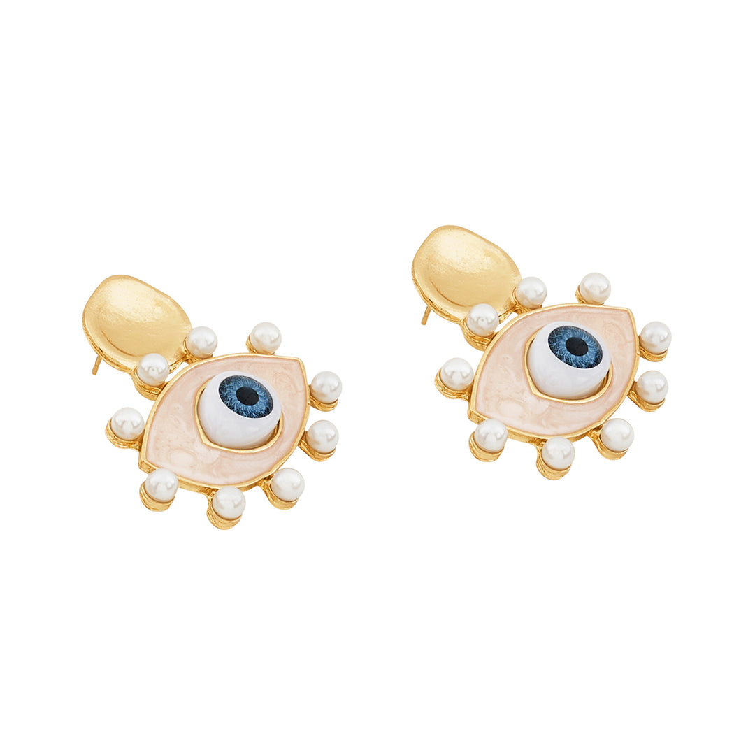Nazaa Evil Eye White and Gold Earrings