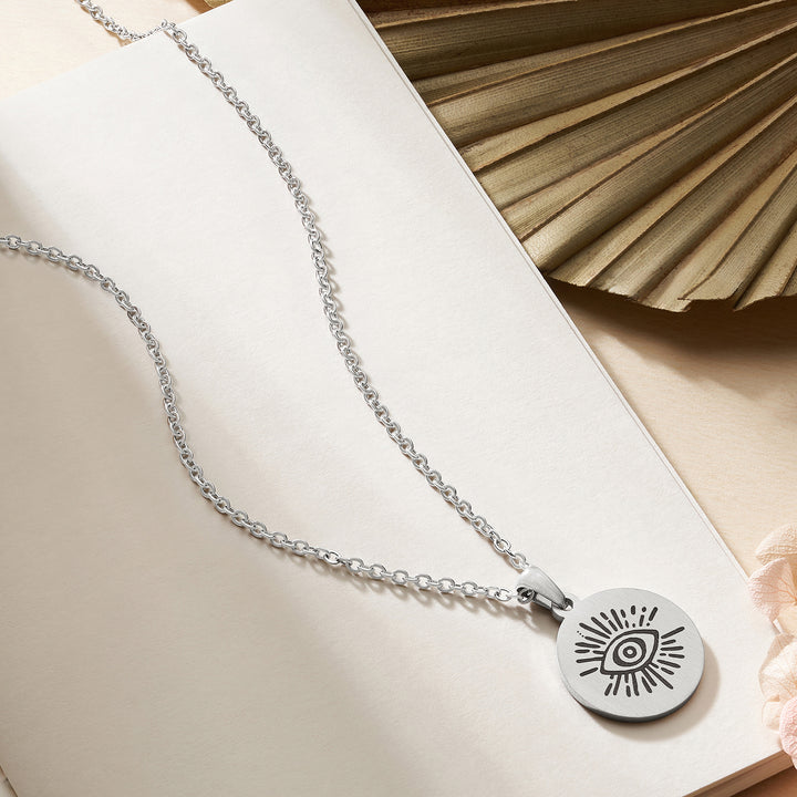 Evil Eye Silver Women's Round Mantra Necklace