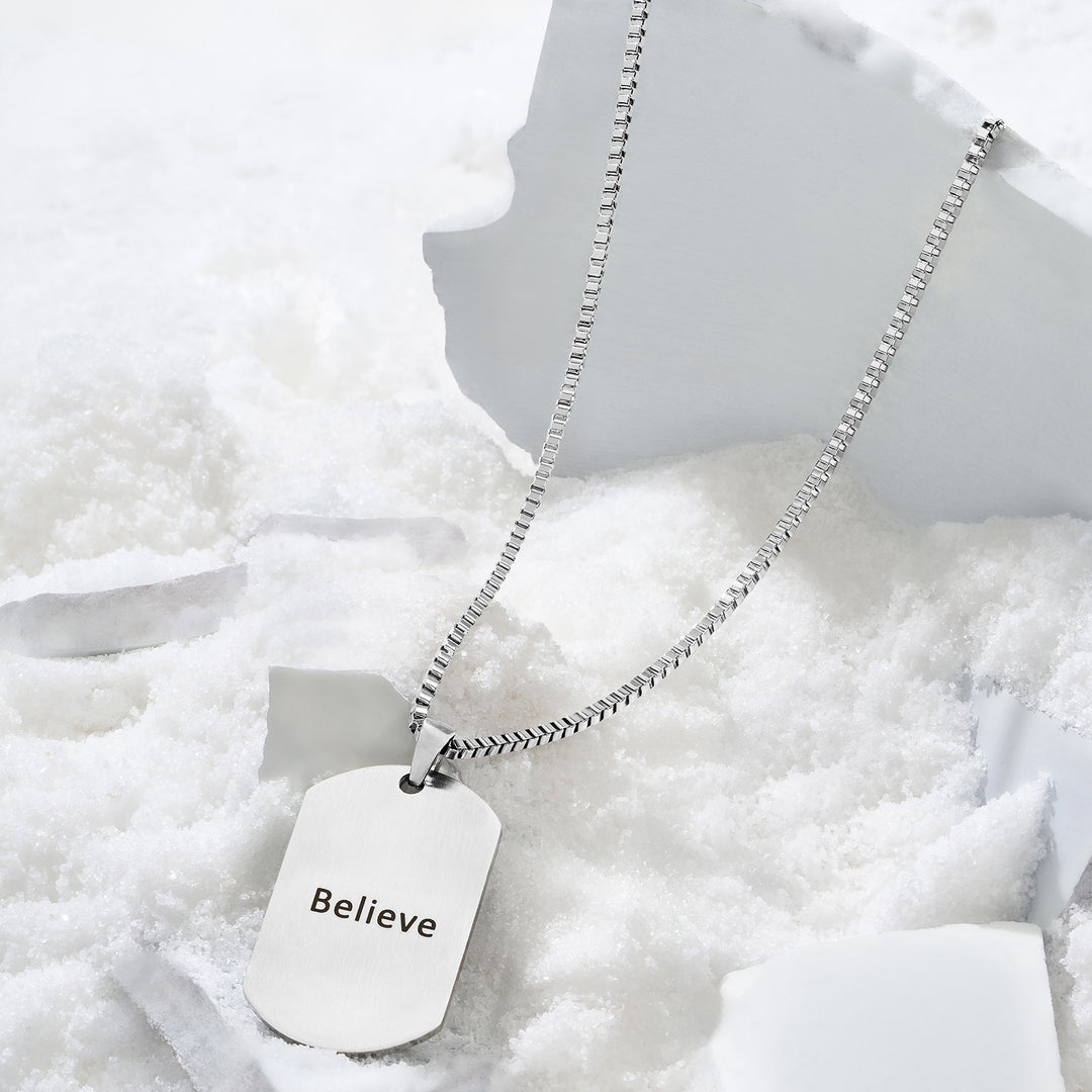 Believe Silver Men's Curve Tag Mantra Necklace