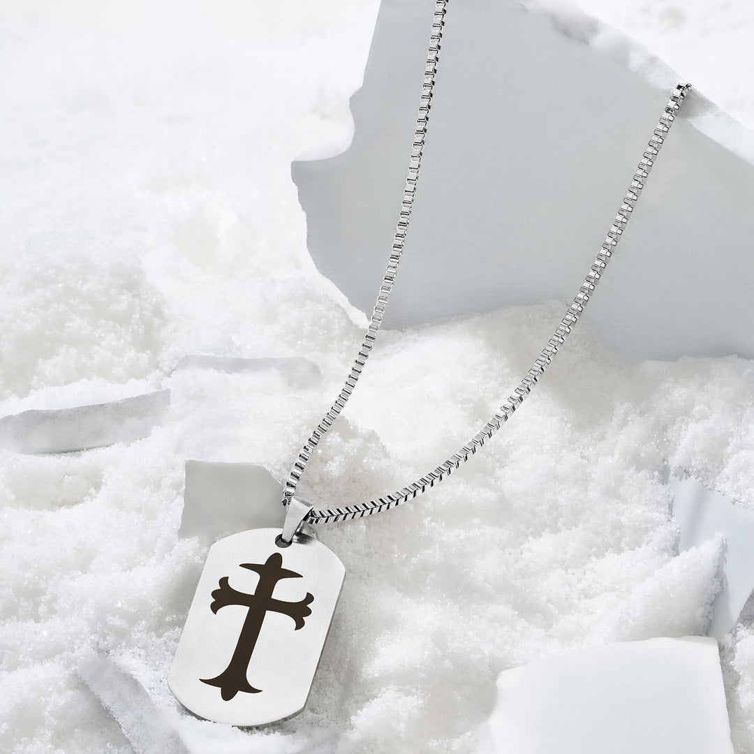 Cross Silver Men's Curve Tag Mantra Necklace
