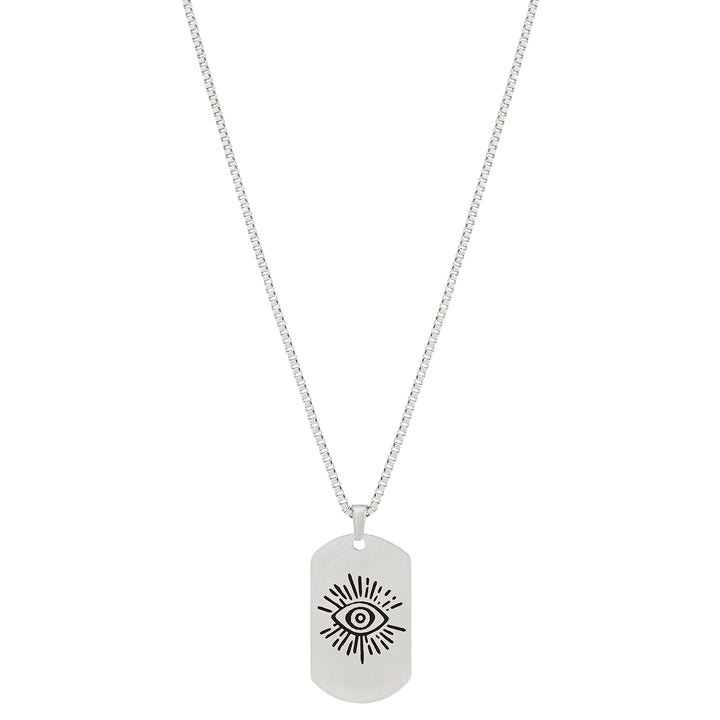 Evil Eye Silver Men's Curve Tag Mantra Necklace