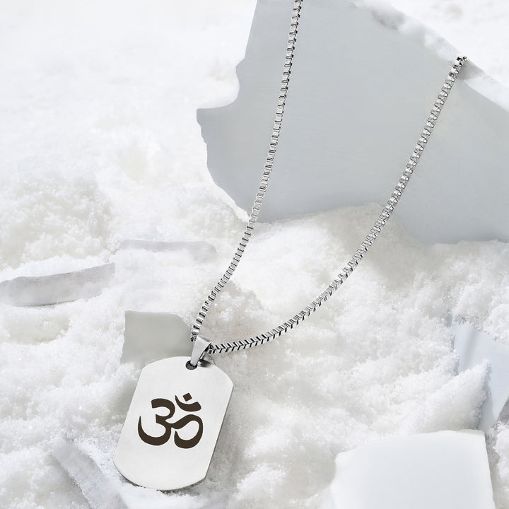 Om Silver Men's Curve Tag Mantra Necklace