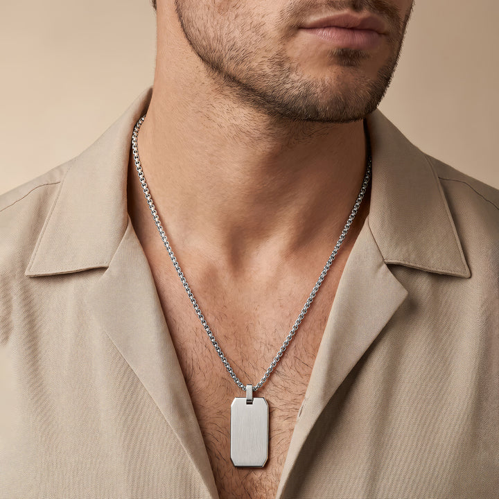Minimal Silver Men's Square Tag Mantra Necklace