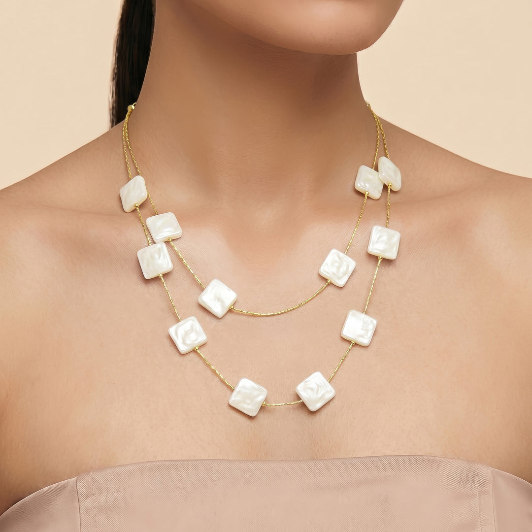 Beady Layered Square Pearl Necklace
