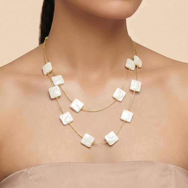 Beady Layered Square Pearl Necklace