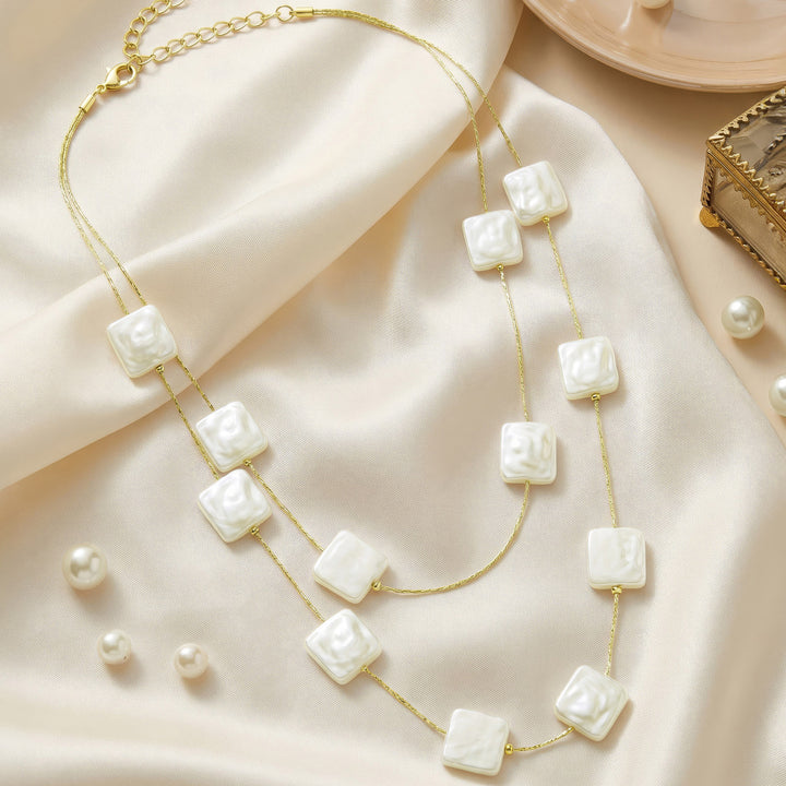 Beady Layered Square Pearl Necklace
