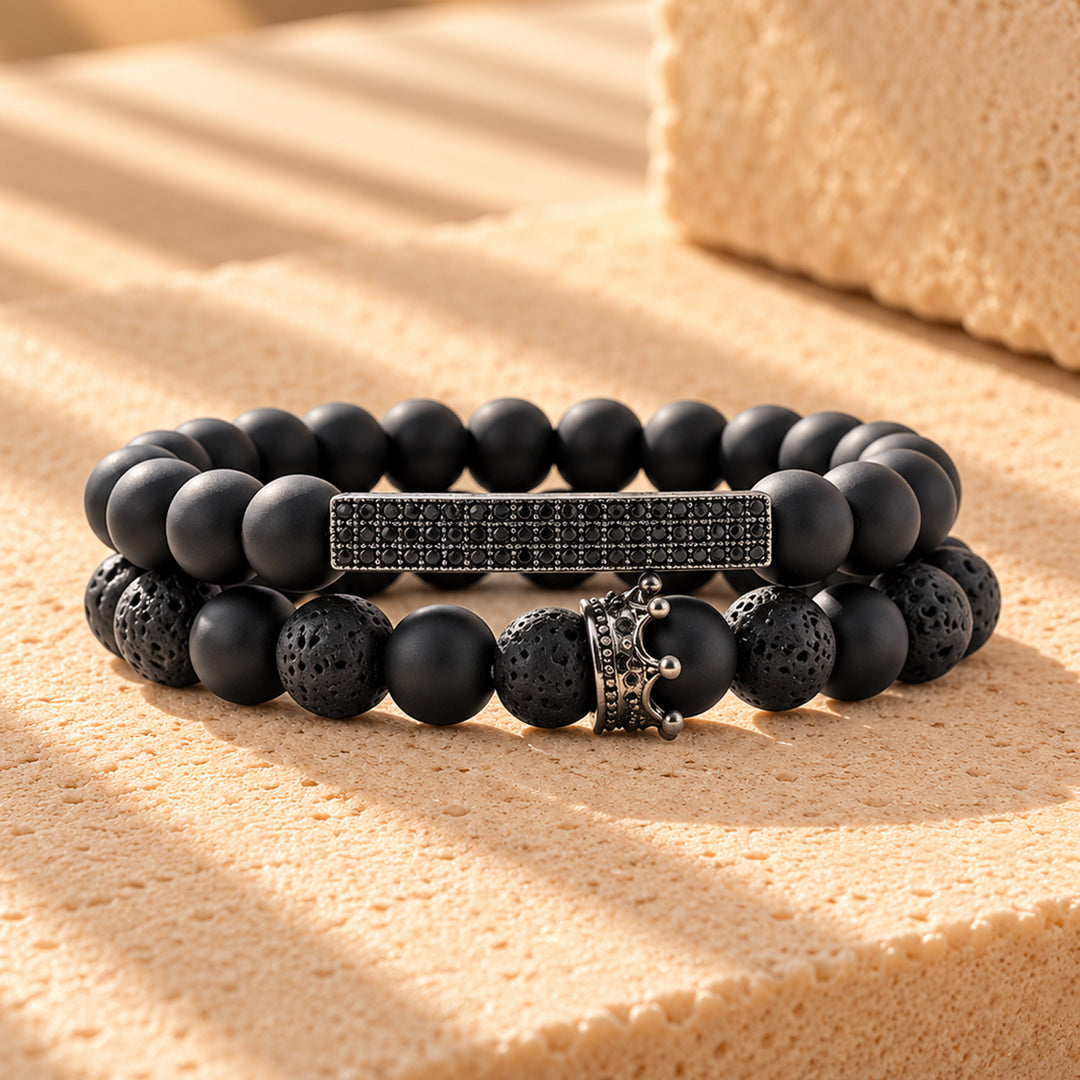 Noah Black Beaded Rhinestone Set of 2 Men's Bracelets