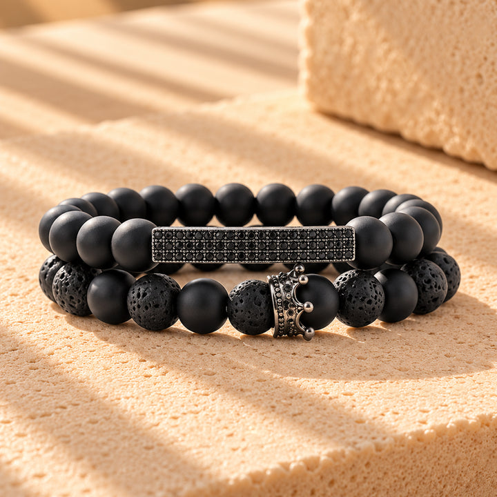 Noah Black Beaded Rhinestone Set of 2 Men's Bracelets