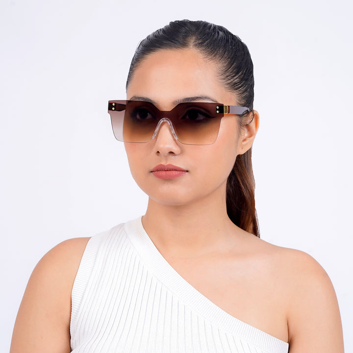 Tenzin Rimless Brown Tinted Oversized Sunglasses