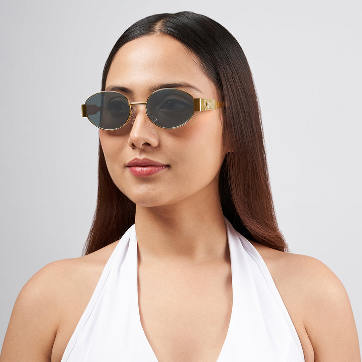 Amber Retro Oval Black Lens and Gold Frame Sunglasses