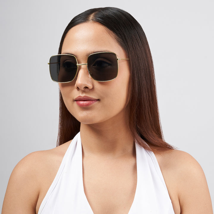 Solar Retro Square Black Lens Gold Frame Sunglasses