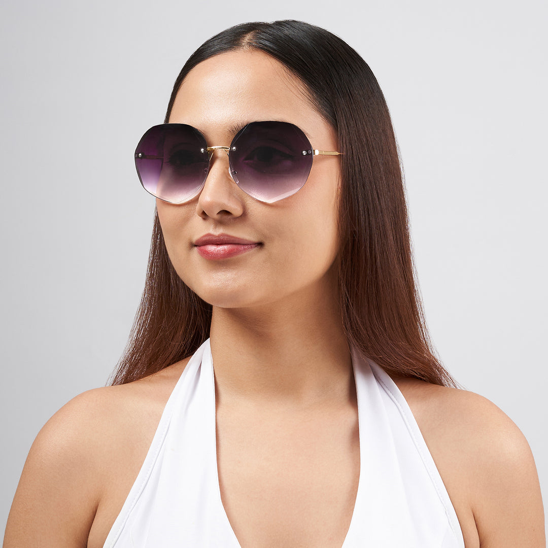 Rimless Octagon Dark Purple Ombre Lens Gold Frame Sunglasses