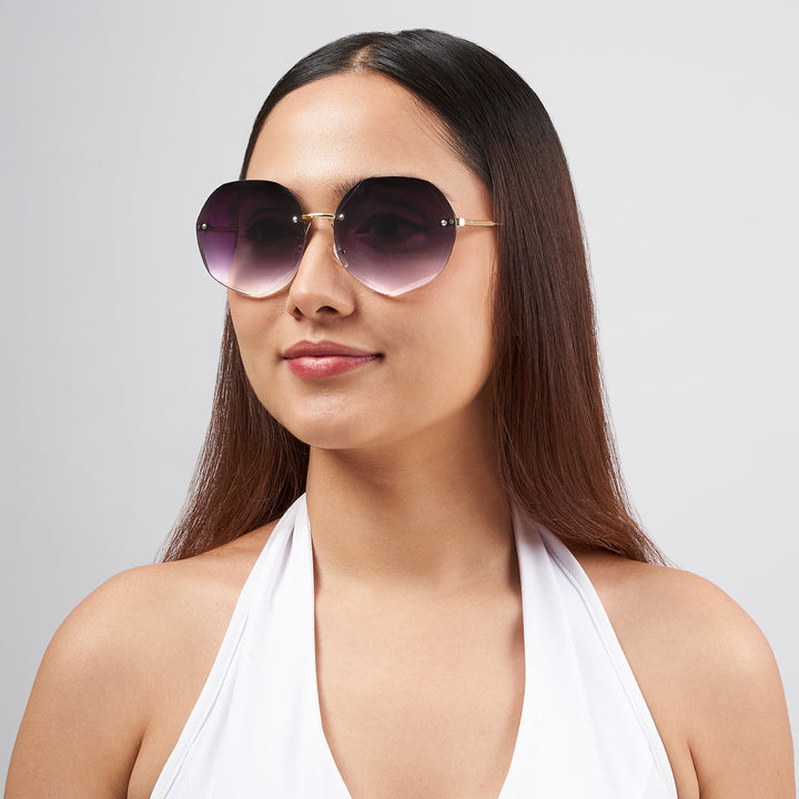 Rimless Octagon Dark Purple Ombre Lens Gold Frame Sunglasses
