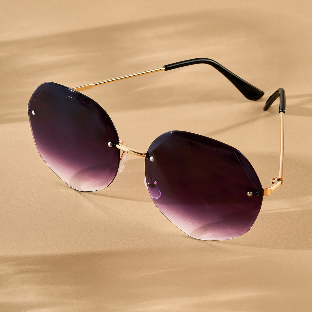 Rimless Octagon Dark Purple Ombre Lens Gold Frame Sunglasses