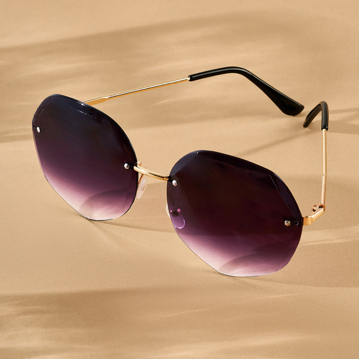 Rimless Octagon Dark Purple Ombre Lens Gold Frame Sunglasses
