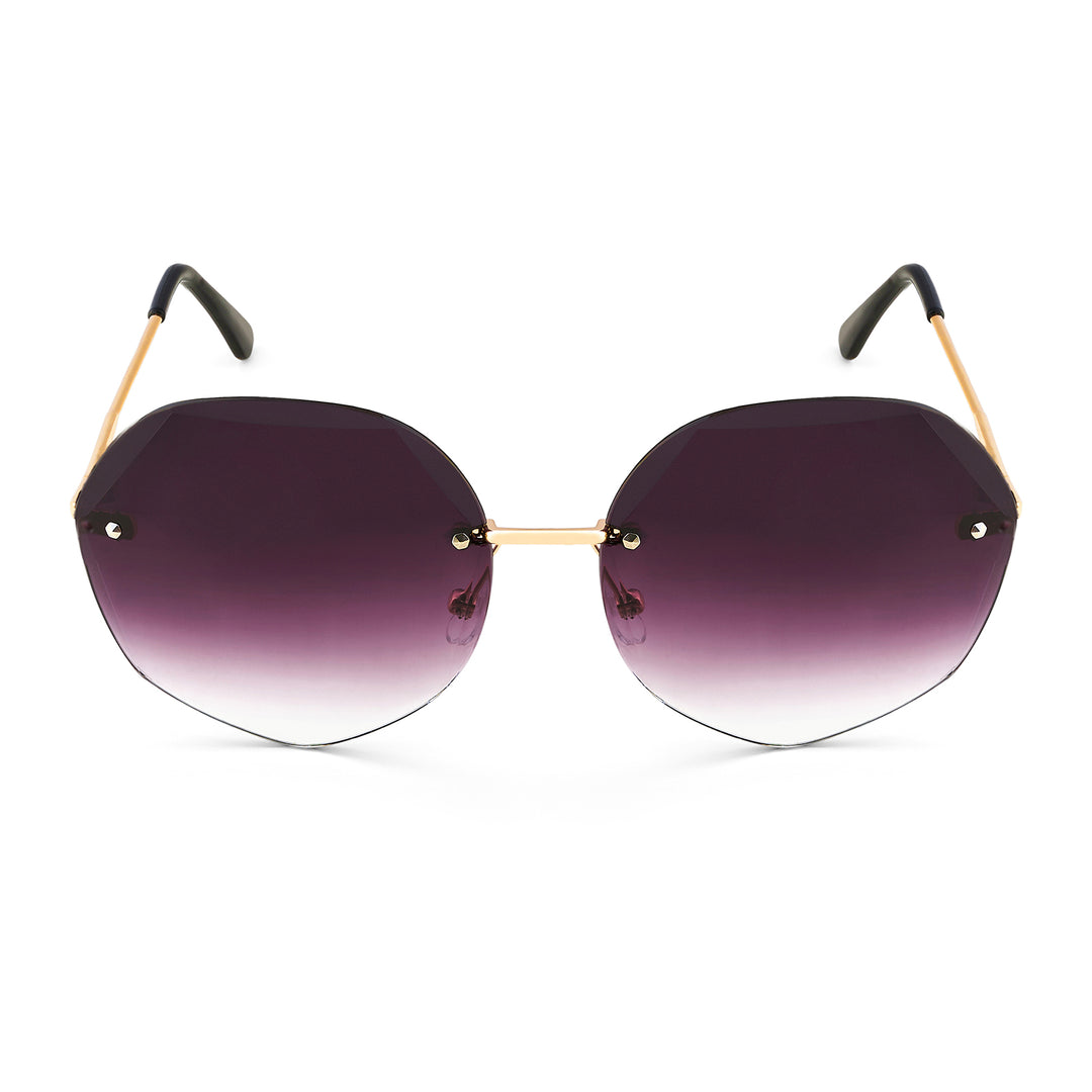 Rimless Octagon Dark Purple Ombre Lens Gold Frame Sunglasses