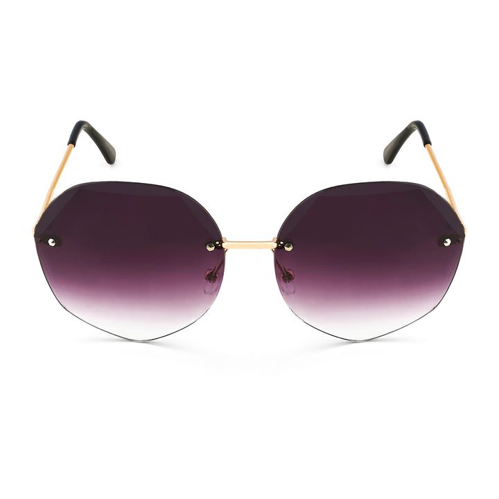 Rimless Octagon Dark Purple Ombre Lens Gold Frame Sunglasses