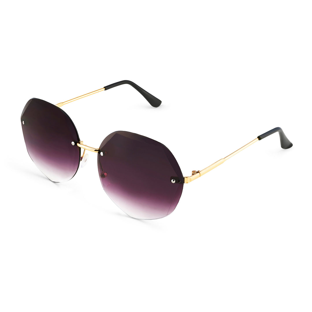 Rimless Octagon Dark Purple Ombre Lens Gold Frame Sunglasses