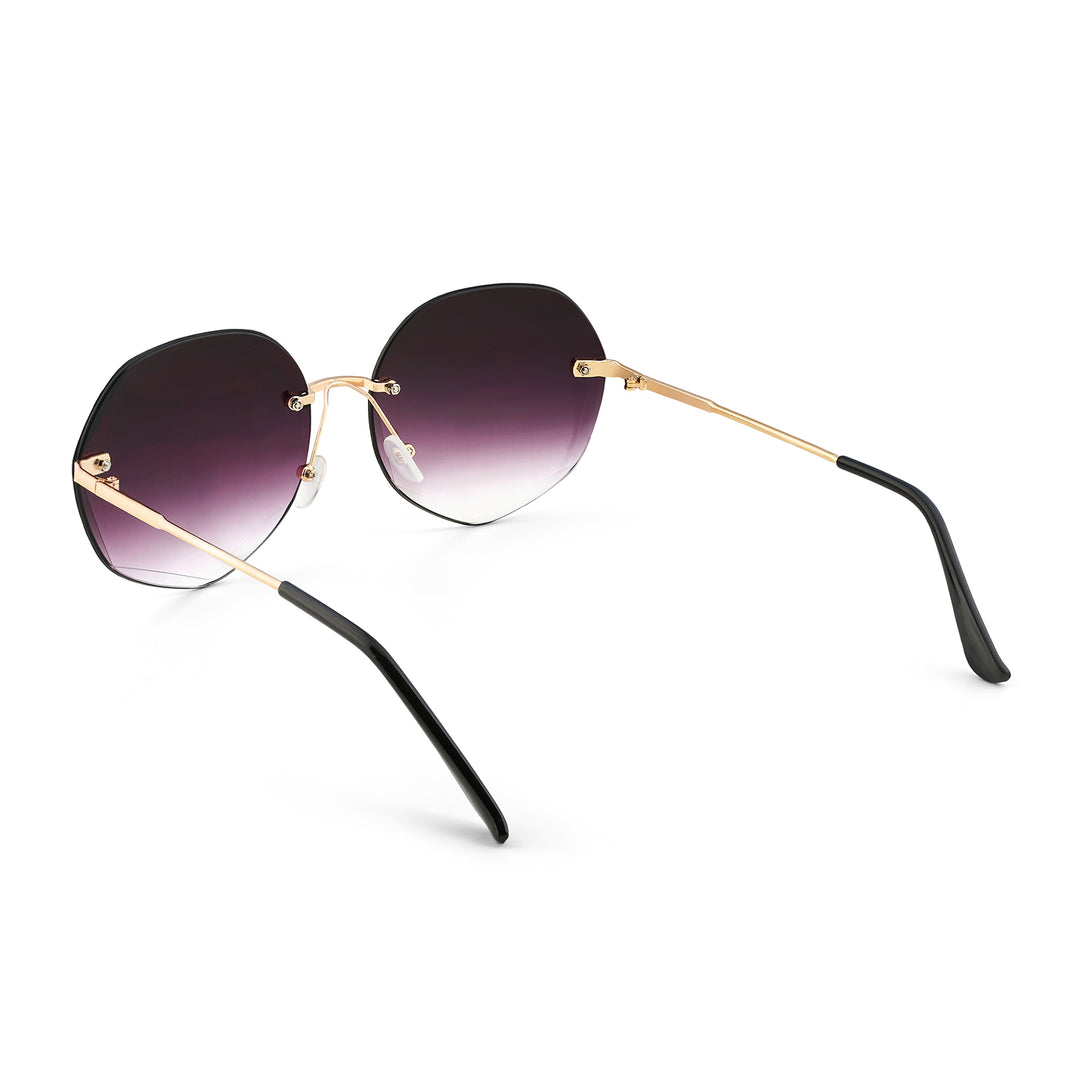 Rimless Octagon Dark Purple Ombre Lens Gold Frame Sunglasses