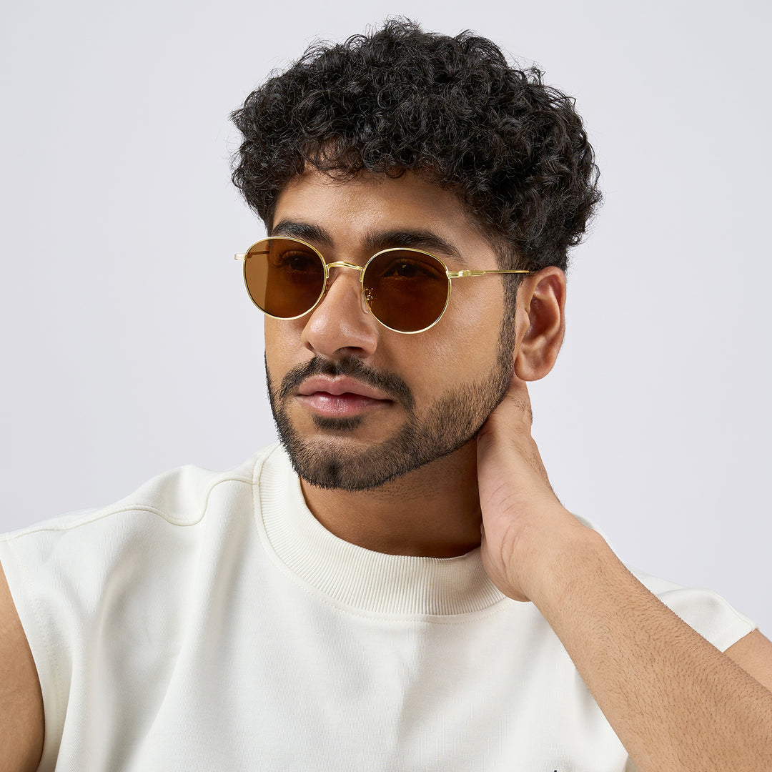 Gaze Round Brown Lens Gold Frame Sunglasses