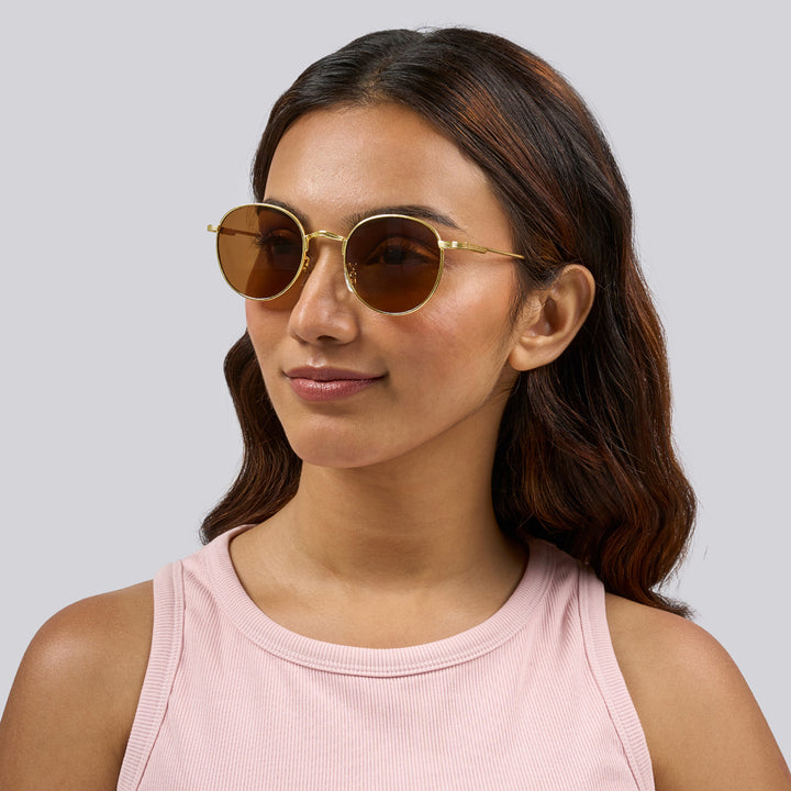 Gaze Round Brown Lens Gold Frame Sunglasses