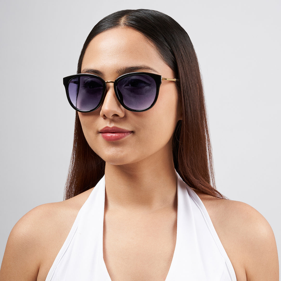 Coastin' Oval Purple Ombre Lens Black Frame Sunglasses with Gold Accents