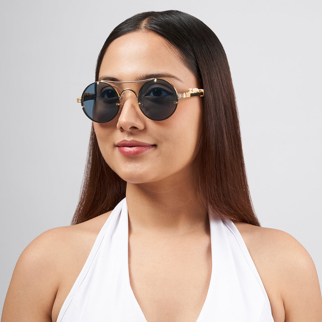 Glow Up Round Black Sunglasses with Jaguar Accents