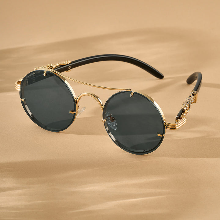 Glow Up Round Black Sunglasses with Jaguar Accents
