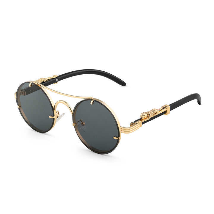 Glow Up Round Black Sunglasses with Jaguar Accents