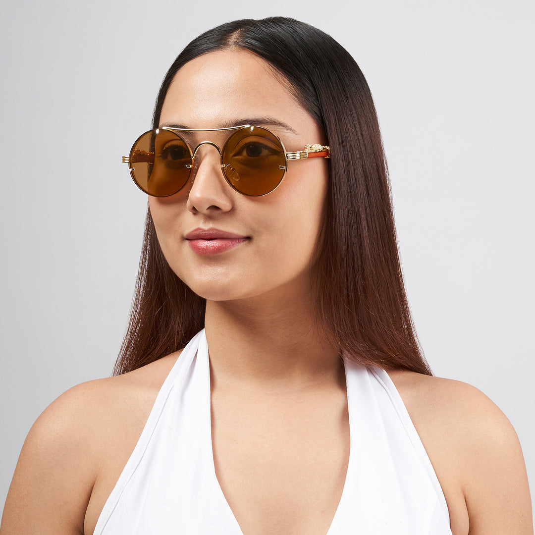 Glow Up Round Brown Sunglasses with Jaguar Accents