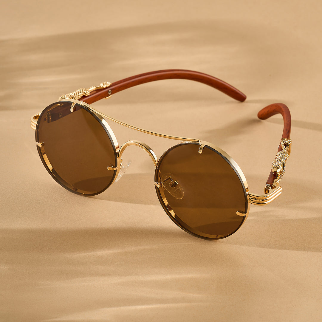 Glow Up Round Brown Sunglasses with Jaguar Accents