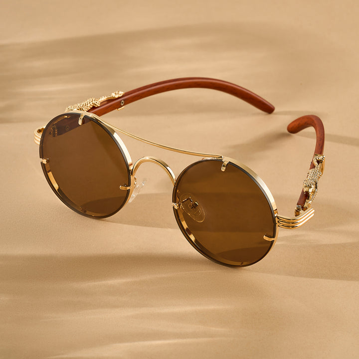 Glow Up Round Brown Sunglasses with Jaguar Accents