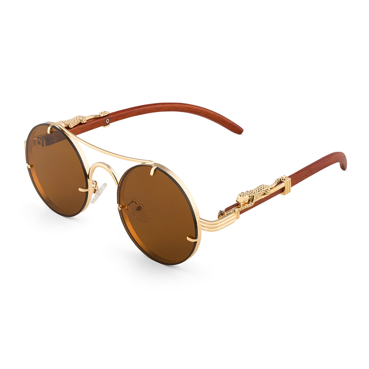 Glow Up Round Brown Sunglasses with Jaguar Accents