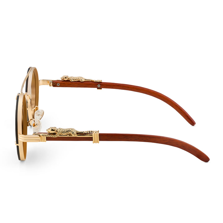 Glow Up Round Brown Sunglasses with Jaguar Accents