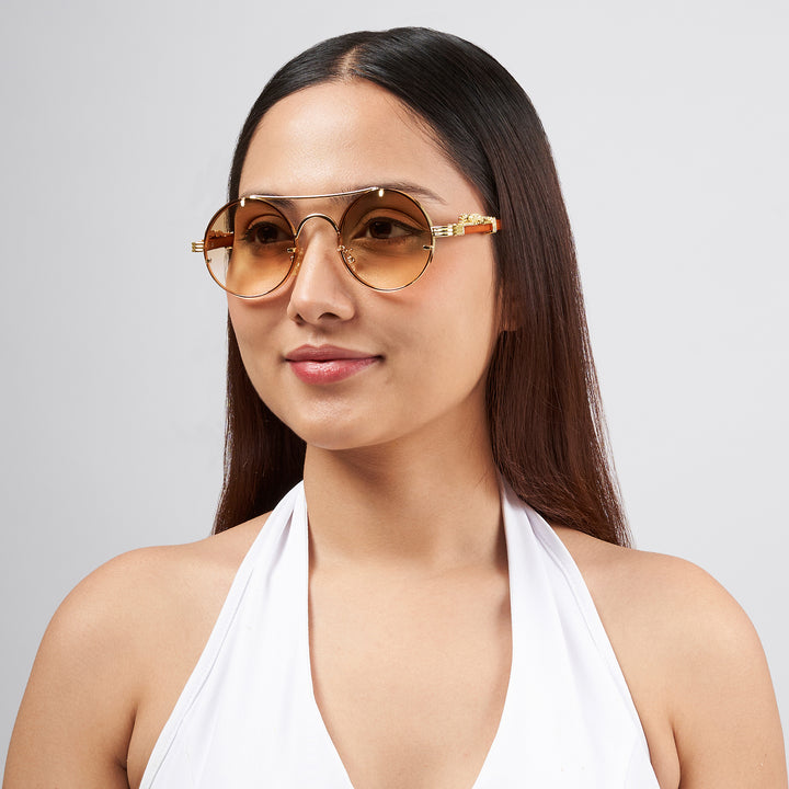 Glow Up Round Tan Sunglasses with Jaguar Accents