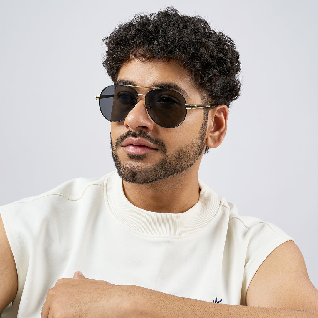 Maven Aviators Grey Lens and Black Frame Sunglasses with Gold Accents