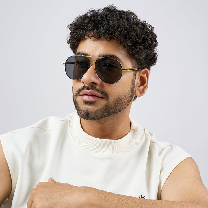 Maven Aviators Grey Lens and Black Frame Sunglasses with Gold Accents