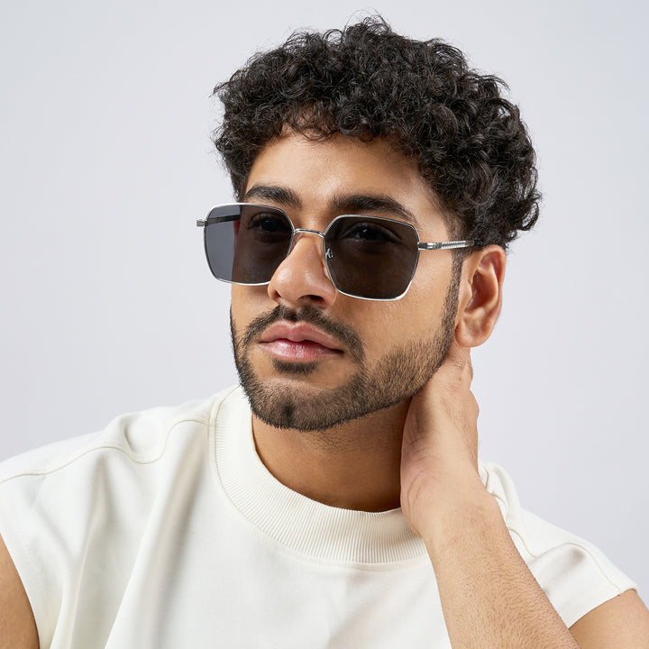 Enigma Square Black and Grey Lens and Silver Rimmed Sunglasses