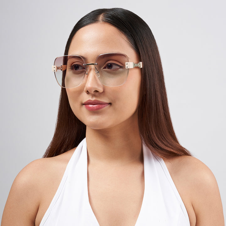 Viva Square Oversized Sunglasses featuring a Silver Frame, Ombre Lenses, and Beige Chain-Accented Temples
