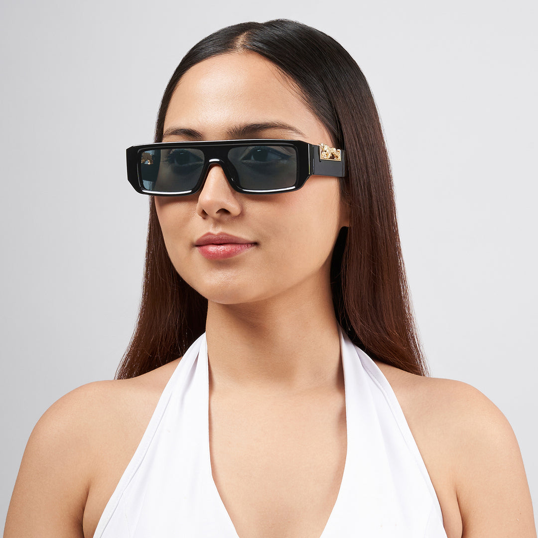 Juno Rectangle Sunglasses with a Black Frame, Black Lenses, and Jaguar-Accented Temples