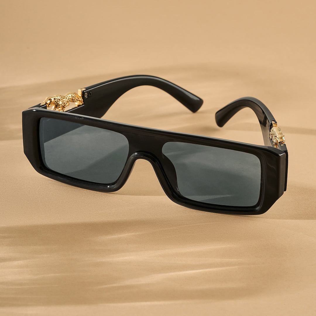 Juno Rectangle Sunglasses with a Black Frame, Black Lenses, and Jaguar-Accented Temples