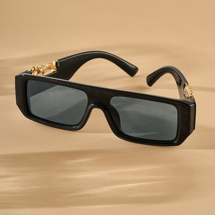 Juno Rectangle Sunglasses with a Black Frame, Black Lenses, and Jaguar-Accented Temples
