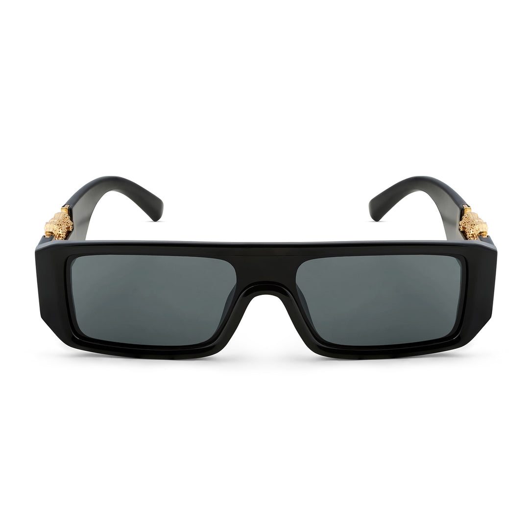 Juno Rectangle Sunglasses with a Black Frame, Black Lenses, and Jaguar-Accented Temples